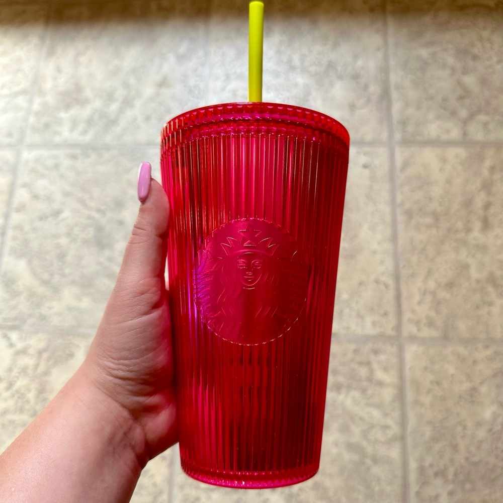 Starbucks Summer 2023 Dragonfruit Neon Pink Stripe Cold Cup Tumbler 16oz